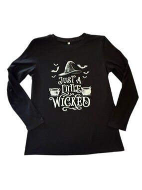 Witch Graphic Tee Womens M Just a Little Wicked Halloween Long Sleeve Black